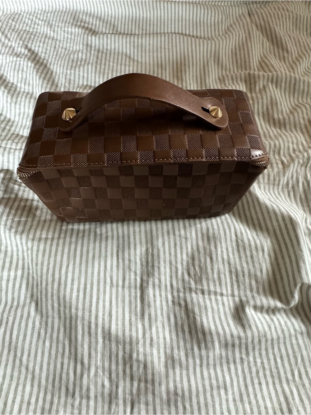 Brown Checkered Top-Handle Cosmetic Case